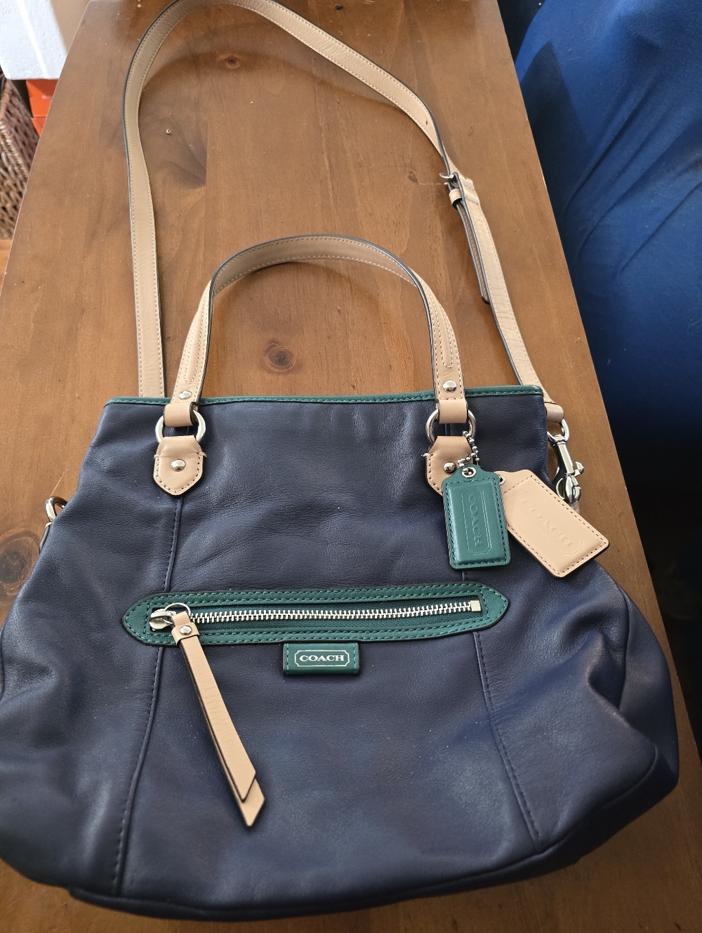 Coach Daisy Spectator,Mia Crossbody Bag, Navy Teal Trim and Tan Straps